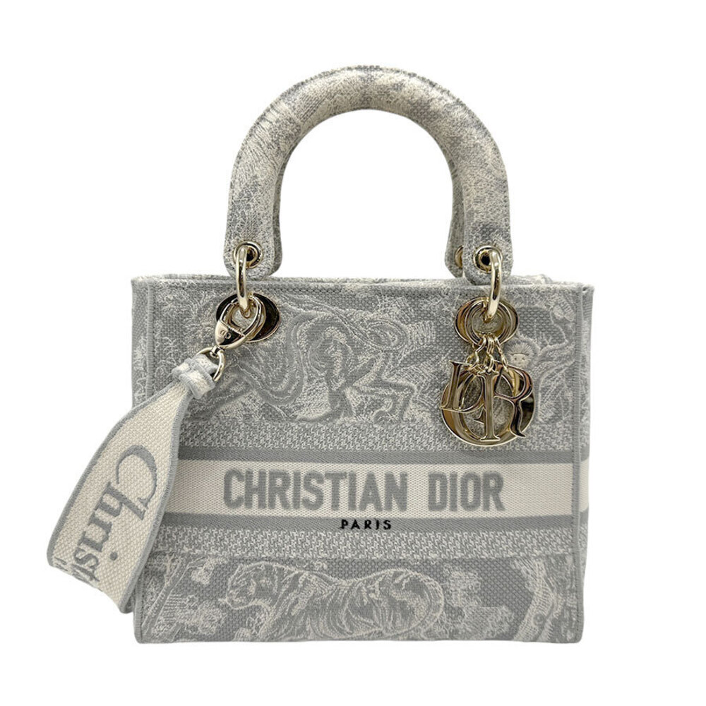 Christian Dior Lady Delight Canvas 2way Shoulder Bag Gray Off White Gold